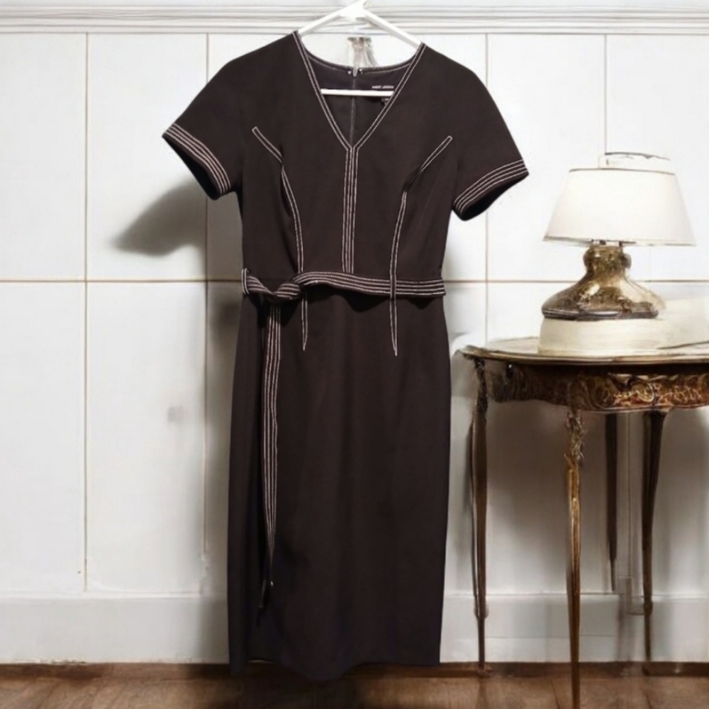 Maggy London Black Contrasting Stitch Tie Waist Midi Elegant Womans sz 6